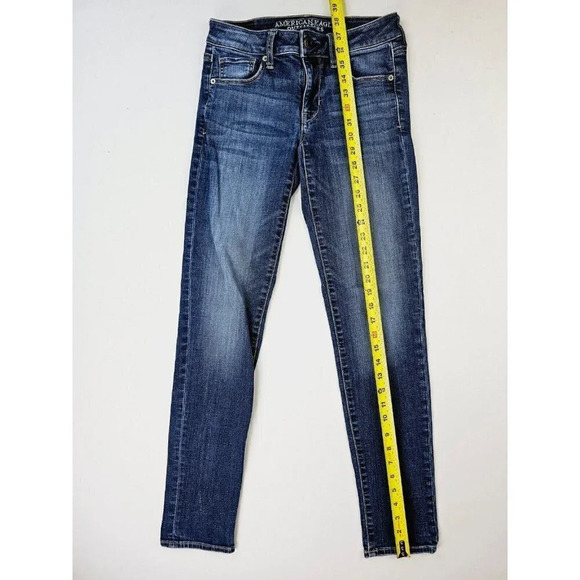 American Eagle Outfitters Size 2 Long Super Stretch Skinny Blue Denim Logo Jeans - Picture 13 of 13